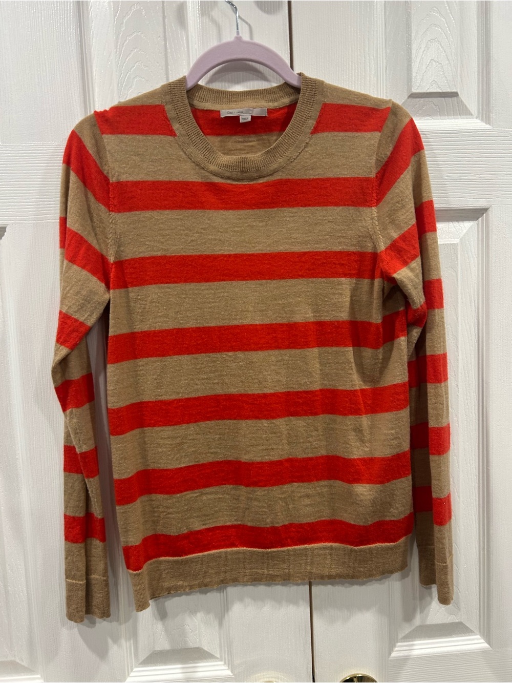 GAP Striped Crewneck Sweater in Tan and Red-Orange